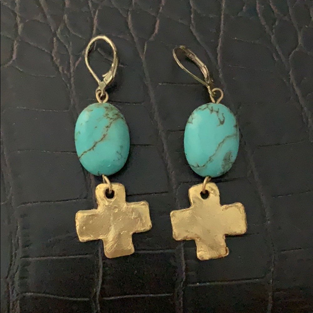 Gold cross stone earrings